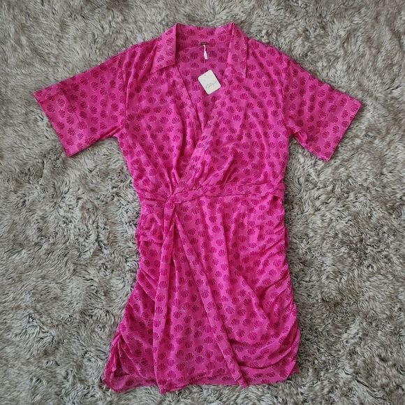 Free People Silver Honey Mini Wrap Dress Shell Print Berry Combo Pink Size Large - Picture 3 of 14